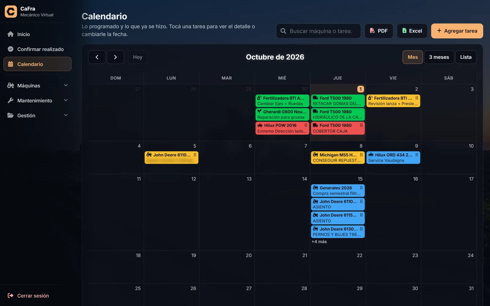 Calendario de mantenimiento con las tareas por color